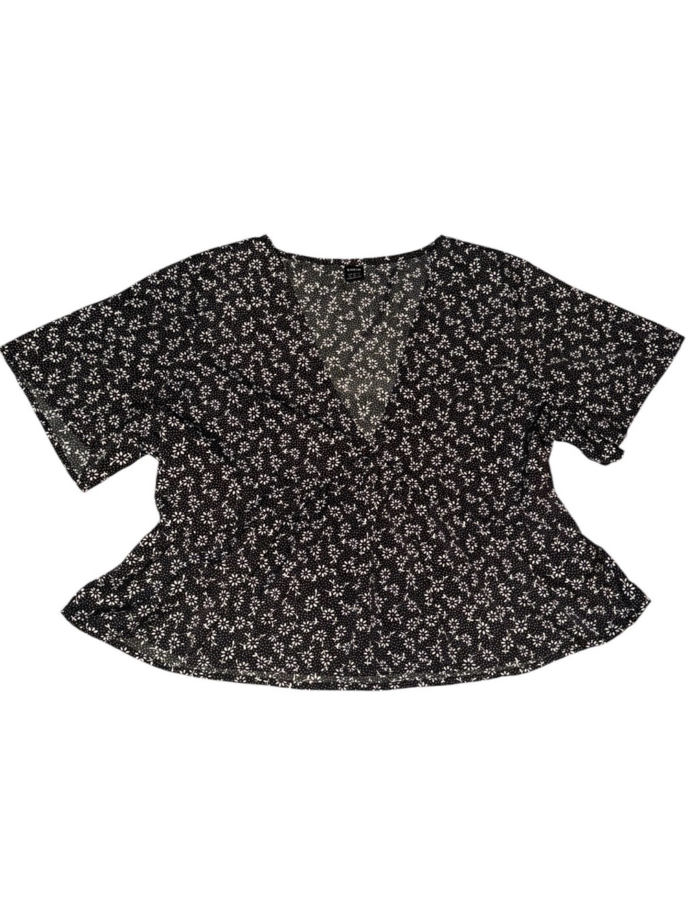 SHEIN Black and White Floral V-Neck Peplum Top